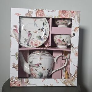 Grace Teaware Set Cottage Rose & Birds Magnolia Garden 7 Piece Fine Porcelain